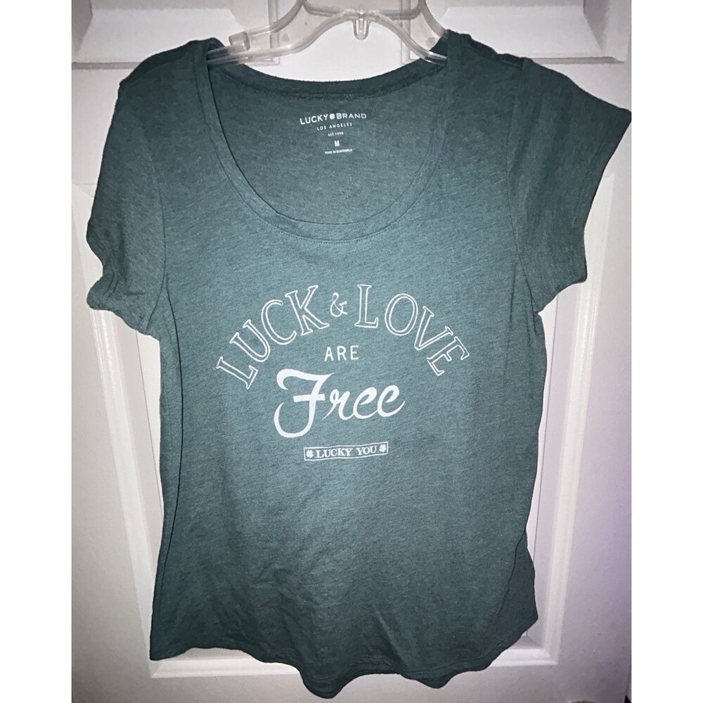 Lucky Brand Womens Green Graphic Logo Tee Scoop Neck Cap Sleeve Size M